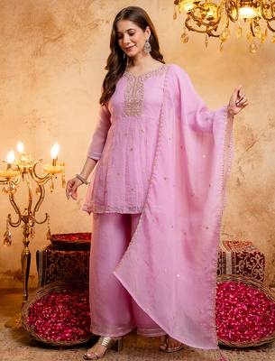Pink crunchy heavy thread embroidery work kurta palazzo set 2