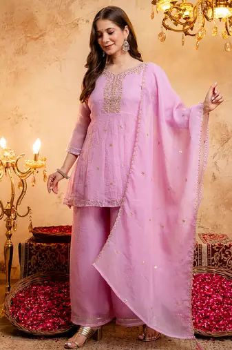 Pink crunchy heavy thread embroidery work kurta palazzo set