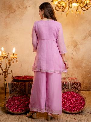 Pink crunchy heavy thread embroidery work kurta palazzo set 3