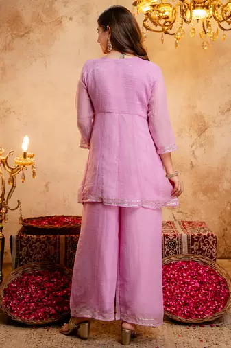 Pink crunchy heavy thread embroidery work kurta palazzo set