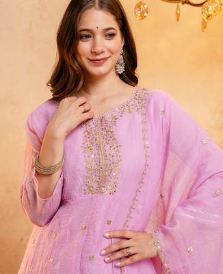 Pink crunchy heavy thread embroidery work kurta palazzo set 4