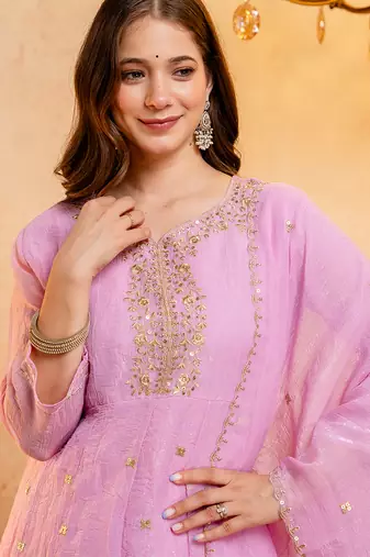 Pink crunchy heavy thread embroidery work kurta palazzo set