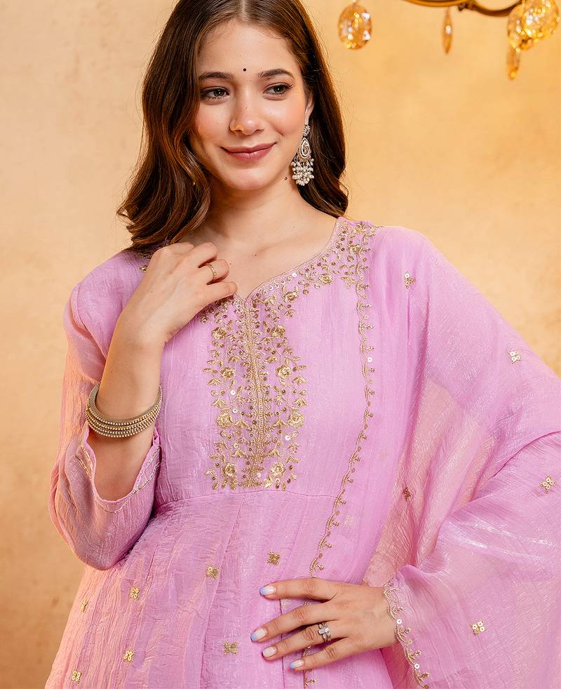 Pink crunchy heavy thread embroidery work kurta palazzo set