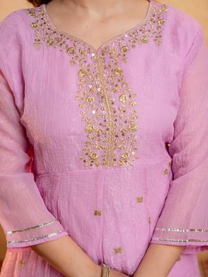Pink crunchy heavy thread embroidery work kurta palazzo set 5