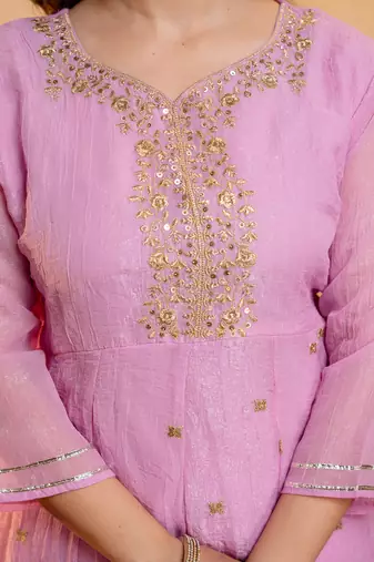 Pink crunchy heavy thread embroidery work kurta palazzo set