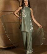 Mehendi chinon heavy thread embroidery work kurta palazzo set