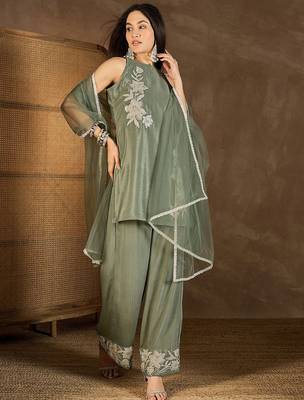 Mehendi chinon heavy thread embroidery work kurta palazzo set 2