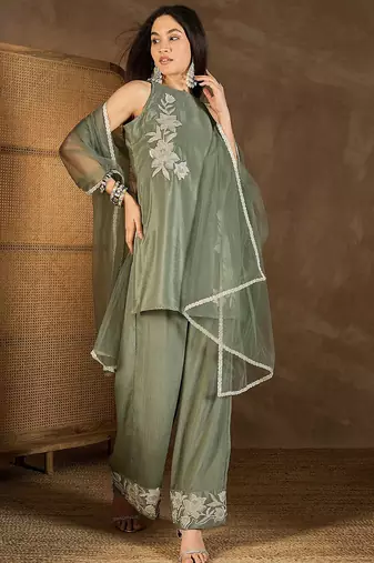 Mehendi chinon heavy thread embroidery work kurta palazzo set
