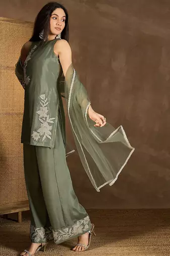 Mehendi chinon heavy thread embroidery work kurta palazzo set
