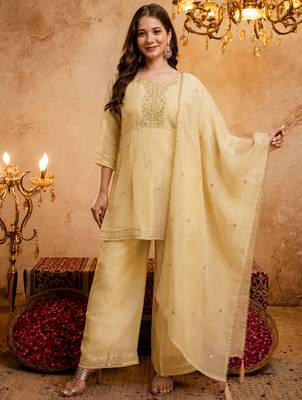Yellow crunchy heavy thread embroidery work kurta palazzo set 1