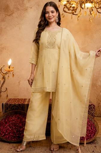 Yellow crunchy heavy thread embroidery work kurta palazzo set