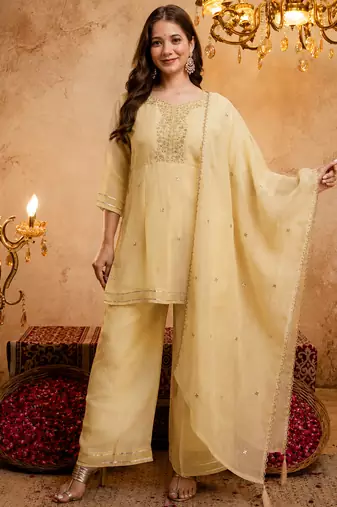 Yellow crunchy heavy thread embroidery work kurta palazzo set