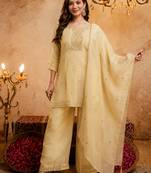 Yellow crunchy heavy thread embroidery work kurta palazzo set