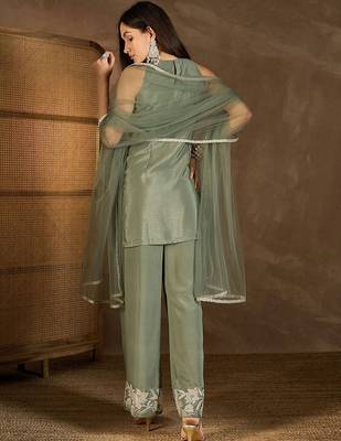 Mehendi chinon heavy thread embroidery work kurta palazzo set 4