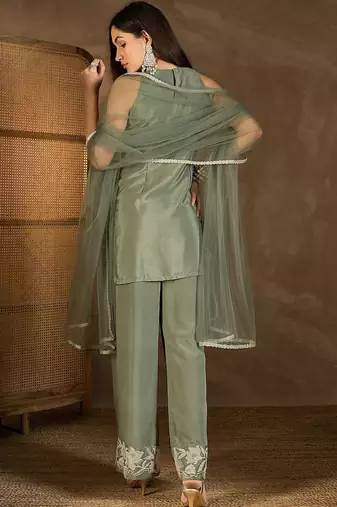 Mehendi chinon heavy thread embroidery work kurta palazzo set
