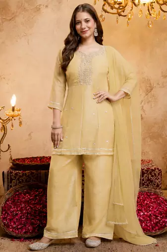 Yellow crunchy heavy thread embroidery work kurta palazzo set