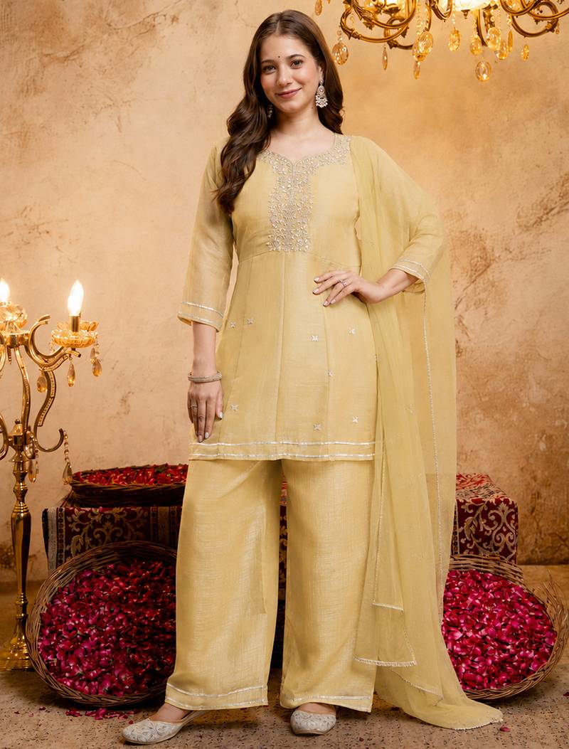 Yellow crunchy heavy thread embroidery work kurta palazzo set