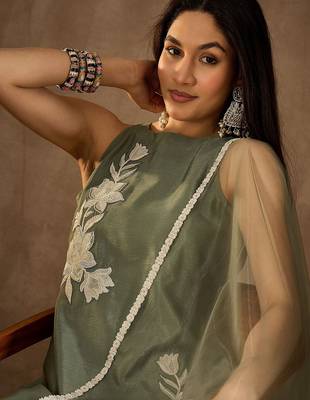 Mehendi chinon heavy thread embroidery work kurta palazzo set 5