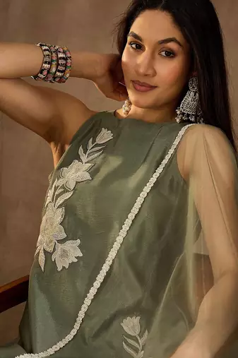 Mehendi chinon heavy thread embroidery work kurta palazzo set