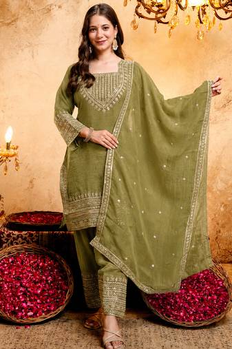 Mehendi crunchy heavy thread embroidery work kurta pant set