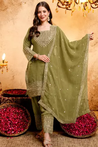 Mehendi crunchy heavy thread embroidery work kurta pant set