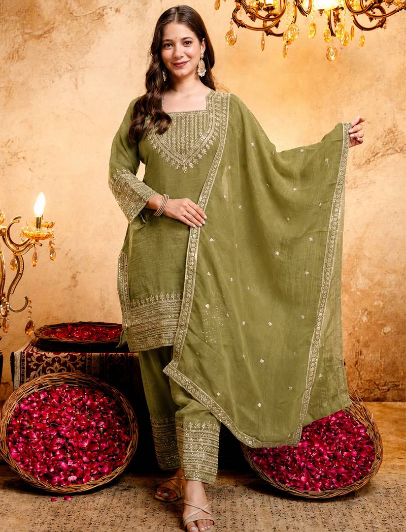 Mehendi crunchy heavy thread embroidery work kurta pant set
