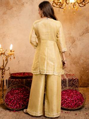 Yellow crunchy heavy thread embroidery work kurta palazzo set 3