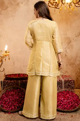 Yellow crunchy heavy thread embroidery work kurta palazzo set
