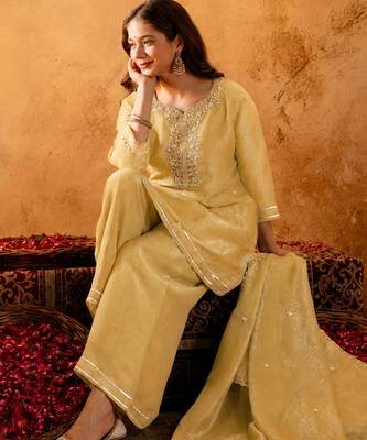 Yellow crunchy heavy thread embroidery work kurta palazzo set 4