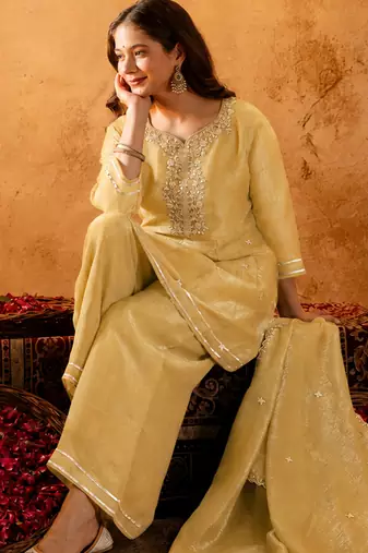 Yellow crunchy heavy thread embroidery work kurta palazzo set