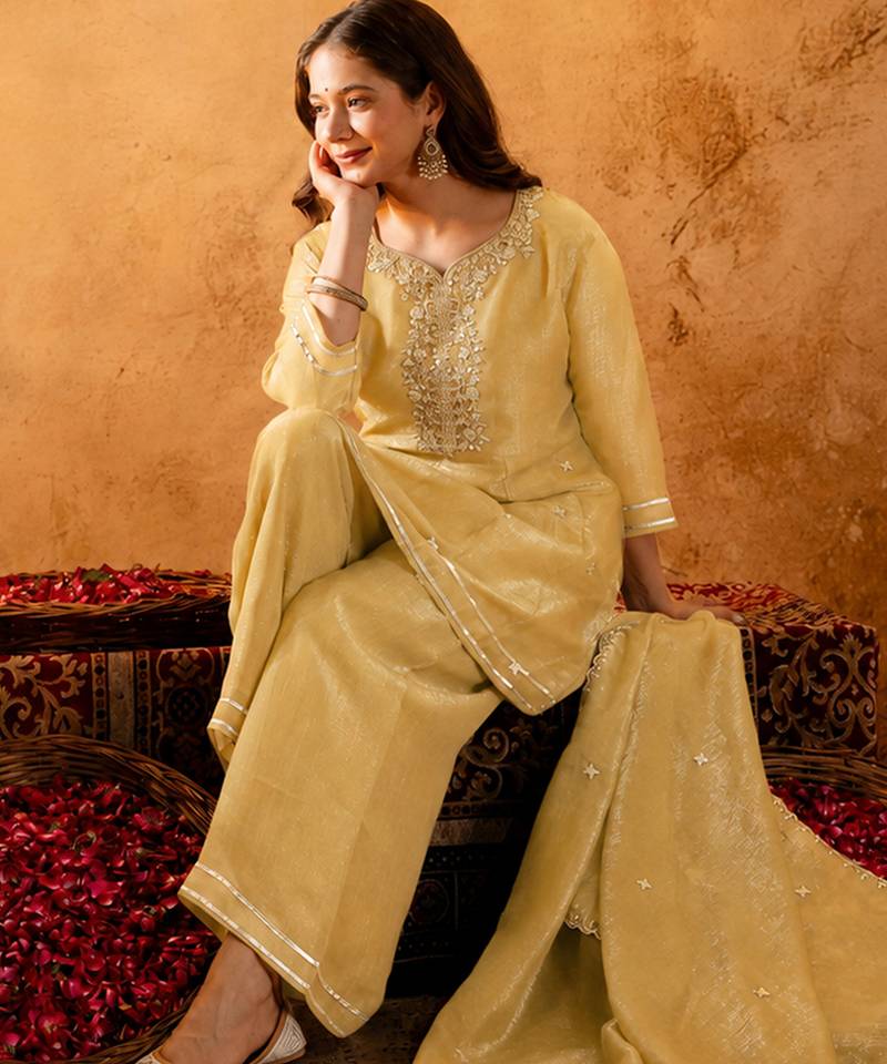 Yellow crunchy heavy thread embroidery work kurta palazzo set