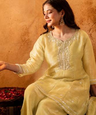 Yellow crunchy heavy thread embroidery work kurta palazzo set 5