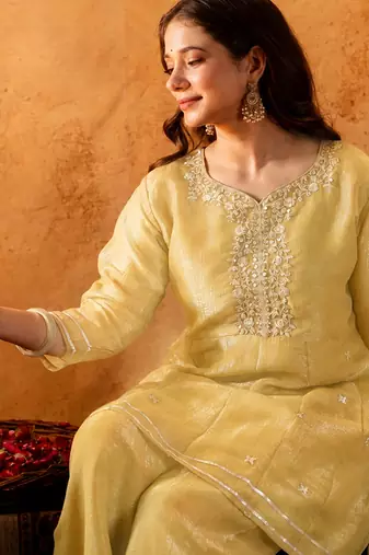 Yellow crunchy heavy thread embroidery work kurta palazzo set