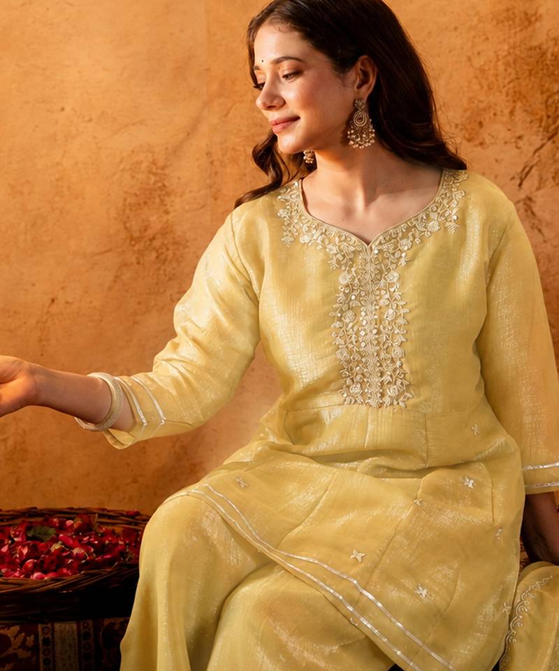Yellow crunchy heavy thread embroidery work kurta palazzo set