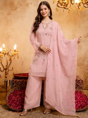 Pink crunchy heavy thread embroidery work kurta palazzo set 1
