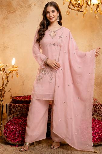 Pink crunchy heavy thread embroidery work kurta palazzo set