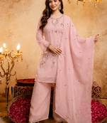 Pink crunchy heavy thread embroidery work kurta palazzo set