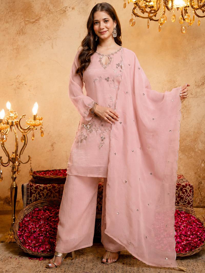 Pink crunchy heavy thread embroidery work kurta palazzo set