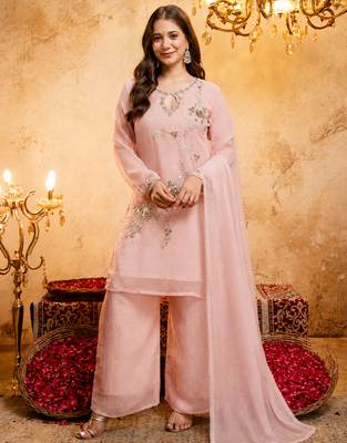 Pink crunchy heavy thread embroidery work kurta palazzo set 2