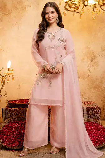 Pink crunchy heavy thread embroidery work kurta palazzo set
