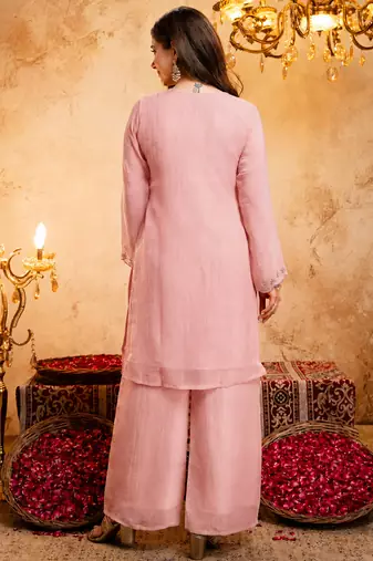 Pink crunchy heavy thread embroidery work kurta palazzo set