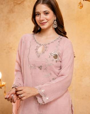 Pink crunchy heavy thread embroidery work kurta palazzo set 4