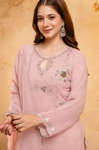 Pink crunchy heavy thread embroidery work kurta palazzo set