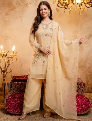 Cream crunchy heavy thread embroidery work kurta palazzo set 1