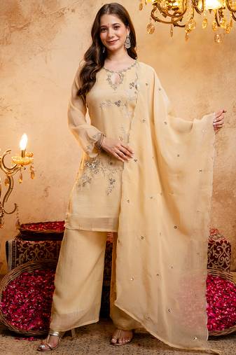 Cream crunchy heavy thread embroidery work kurta palazzo set