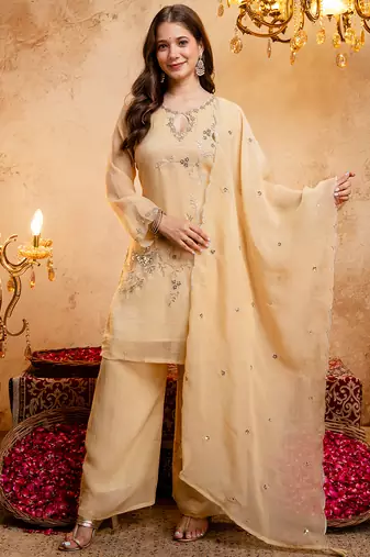 Cream crunchy heavy thread embroidery work kurta palazzo set