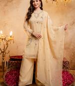 Cream crunchy heavy thread embroidery work kurta palazzo set