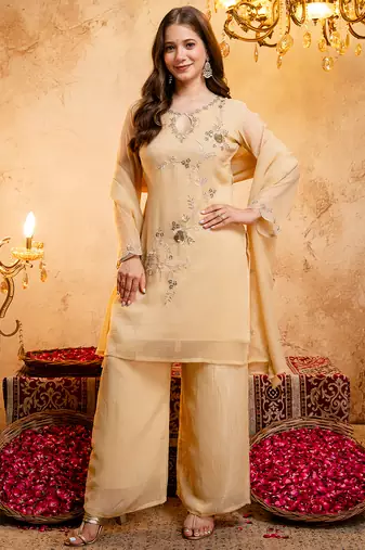 Cream crunchy heavy thread embroidery work kurta palazzo set
