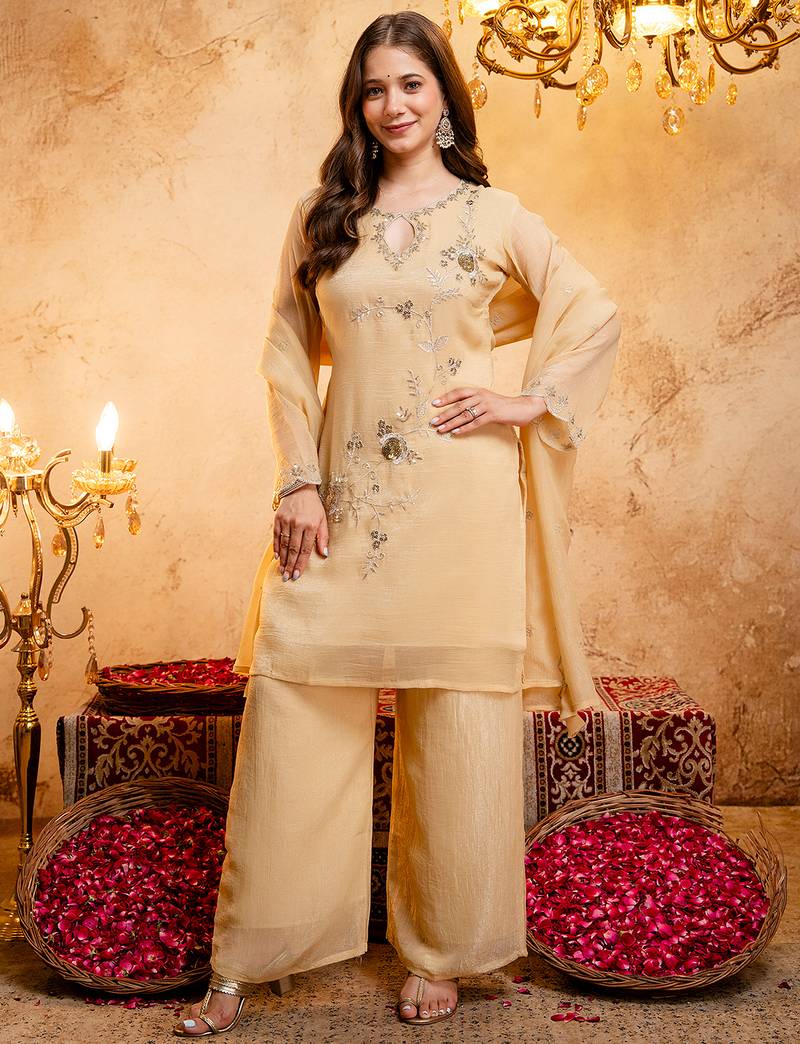 Cream crunchy heavy thread embroidery work kurta palazzo set
