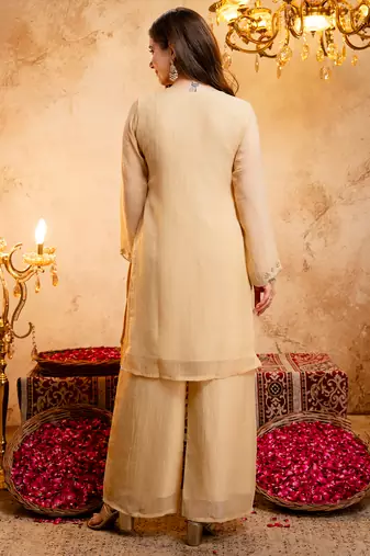 Cream crunchy heavy thread embroidery work kurta palazzo set